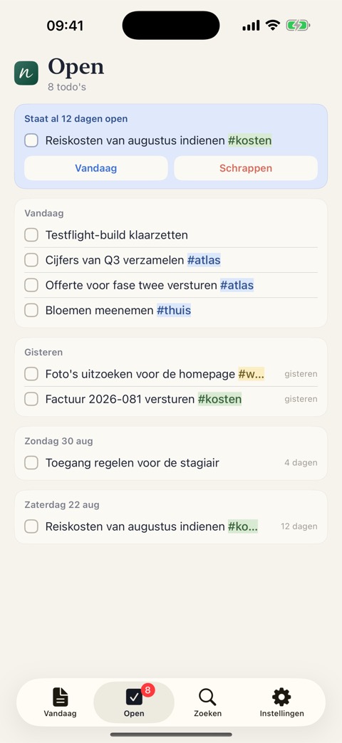 Het scherm Open: todo's gegroepeerd per dag, met bovenaan een todo die er al twaalf dagen staat.