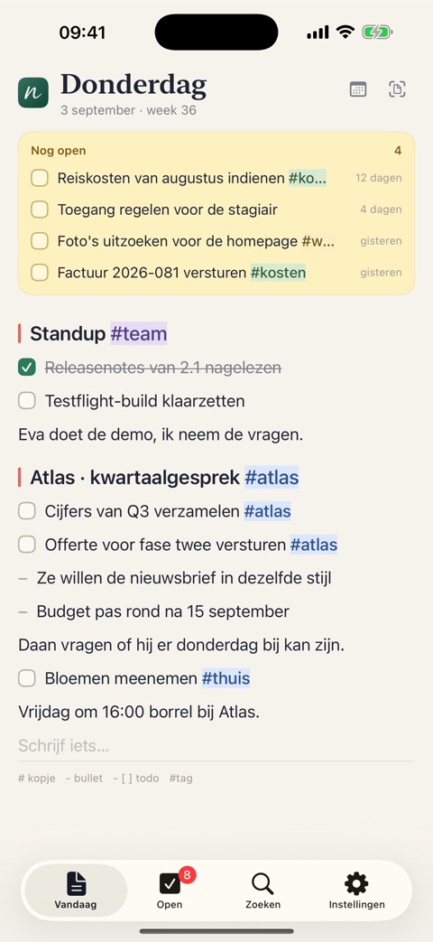 Het blad van vandaag, met bovenaan het gele blok Nog open en daaronder de regels van de dag.