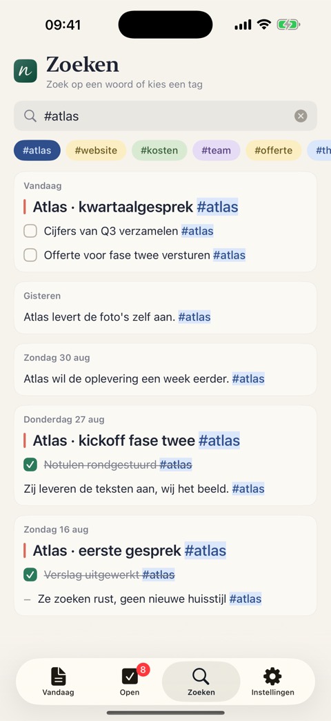 Zoeken op de tag #atlas, met resultaten gegroepeerd per dag.